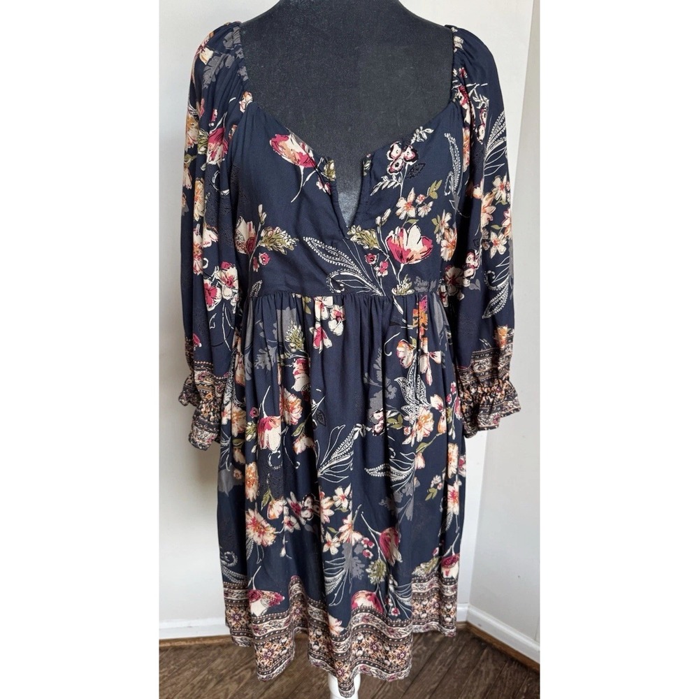 Boho Floral Babydoll Mini Dress L Navy Cottagecore Spring Festival Fairy - Picture 11 of 16